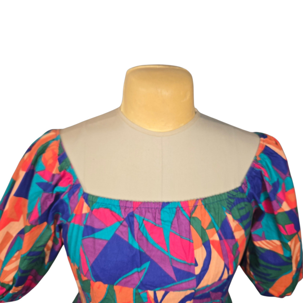 Sim & Sam Women's L Colorful Geometric Cotton Puffed Sleeve Square Neck Mini Dre - Picture 3 of 13